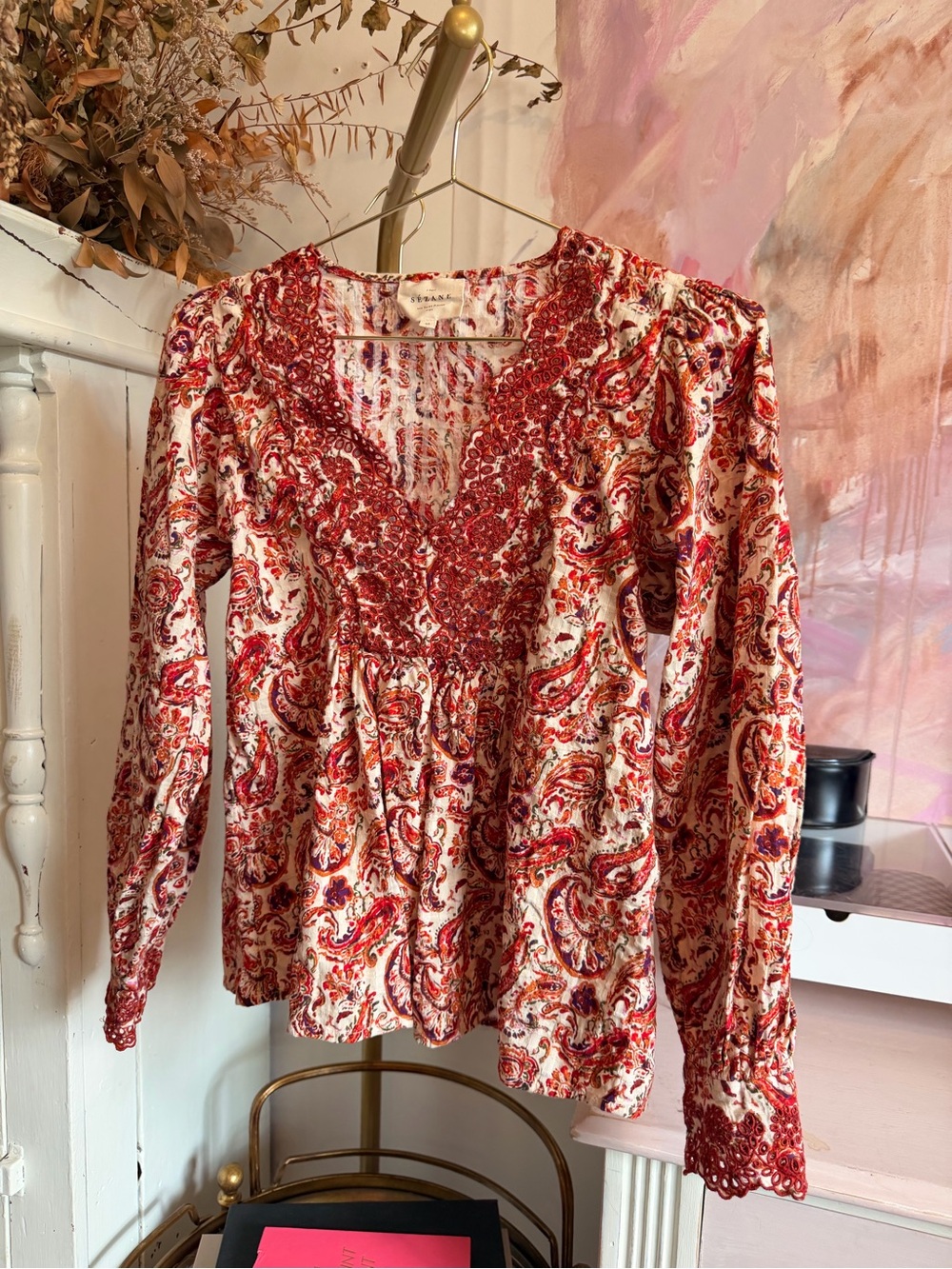 Sezane Embroidered Paisley V-Neck Blouse in Red and Cream
